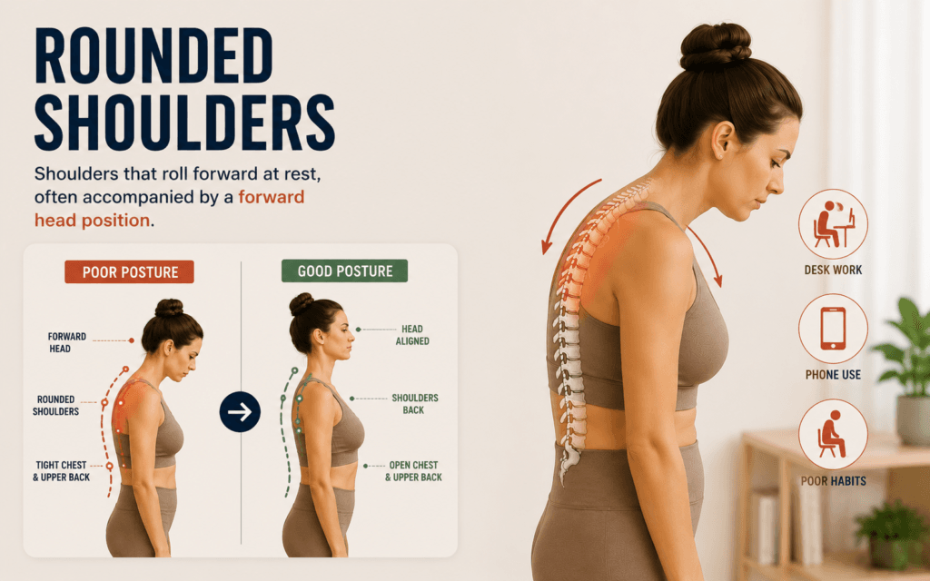 Rounded shoulders: Shoulders that roll forward at rest, often accompanied by a forward head position